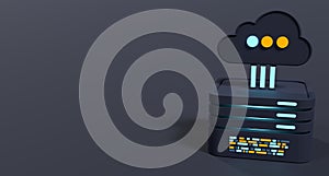 Cloud computing technology. Cloud data center with hosting server. Cloud service 3d rendering. Network and database. Cloud storage