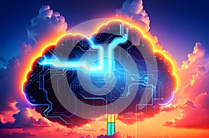 Generative AI Glowing Cloud icon technology concept, exploded panel with cloud services and data protection,