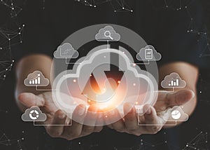 Cloud computing technology concept. Big data analytics and business intelligence with chart and graph icons