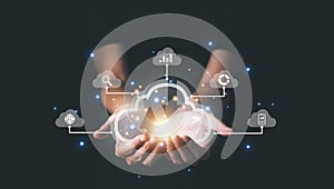 Cloud computing technology concept with businessman. Big data analytics and business intelligence concept with chart and graph