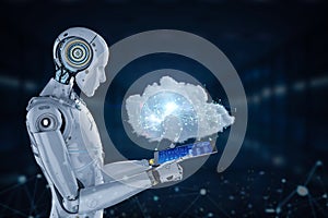 Cloud computing technology concept with robot with graphic display