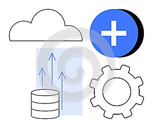 Cloud Computing Technology Concept with Data Storage, Upload Arrows, and Gear Icons