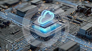 Cloud Computing Technology Concept with Glowing Cloud Icon on CPU Microchip