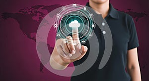 Cloud computing technology concept with a person touching virtual interface