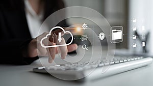 Cloud Computing Technology Concept with User Interacting with Digital Interface and Data Security Symbols Quark