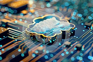 Cloud computing technology with data floating on motherboard circuit board