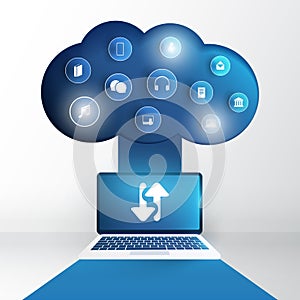 Cloud Computing Technology Design Concept with Laptop and Icons - Digital Network Connections, Internet Services