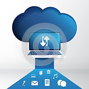 Cloud Computing Technology Design Concept with Laptop and Icons - Digital Network Connections, Internet Services