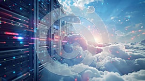cloud computing technology featuring a cloud server with data flowing