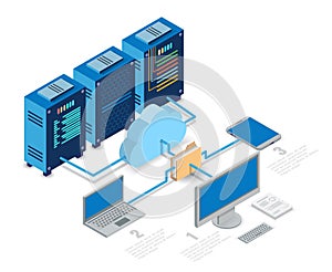 Cloud computing technology flowchart, isometric vector illustration.