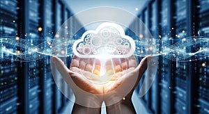 Cloud Computing Technology with Hands Holding Digital Cloud Icon in Data Center