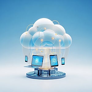 Cloud computing technology illustration featuring a large digital cloud connected to