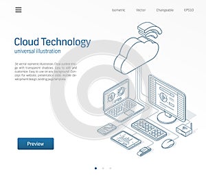 Cloud computing technology modern isometric line illustration. Database, online server, internet platform business