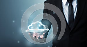Cloud computing and technology network connection concept, Businessman hand holding icon cloud server