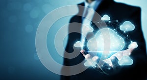 Businessman hand holding cloud server protect data device