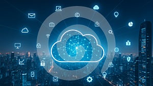 Cloud computing technology over cityscape graphic.