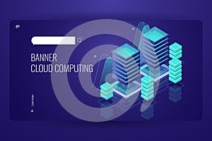 Cloud computing technology, remote data storage, server room data center concept, cloud database service, dark neon