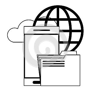 Cloud computing and technology symbols in black and white