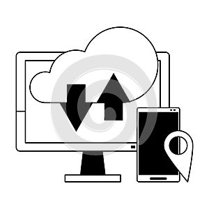 Cloud computing technology symbols isolated in black and white