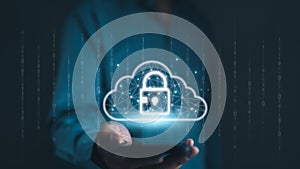 Cloud computing technology to database storage security concept. Man showing cloud with padlock icon on network connection.