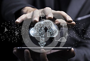Cloud computing technology transformation concept, Businessman touching on Virtual cloud computing on tablet for transfer upload