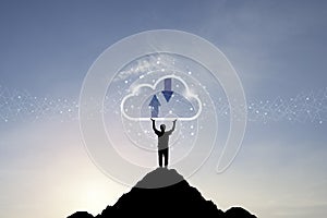 Cloud computing and technology transformation concept , silhouette of businessman standing and two rise hand up for holding