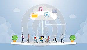 Cloud computing technology with various people save data in cloud server with modern flat style - vector