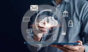 Cloud computing to download and loading data information and upload on system network application. Technology transformation