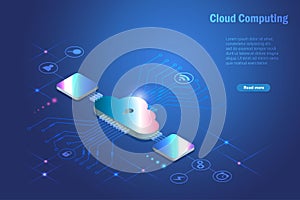 Cloud computing, upload, download and transfer files in electronics futuristic background. Online data storage technology with sma