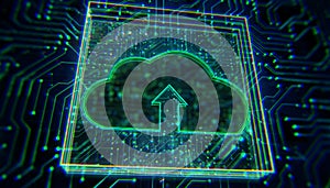 Cloud computing upload icon with neon circuit board background. 3D Rendering
