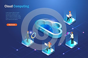 Cloud computing and virtual office, telecommuting. Business team online working using cloud data storage and sharing data on cloud