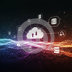 Cloud computing visualization depicts a central white cloud icon connected to various
