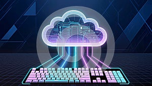 Cloud computing visualization with glowing keyboard and server data