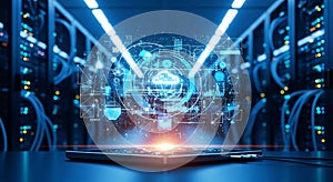 Cloud Computing Visualization on Tablet in Server Room with Blue Data Network