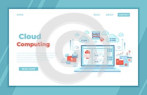 Cloud computing and web services, technology, data storage, hosting, connection. Login page and password on laptop screen, server