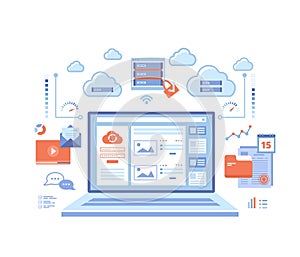 Cloud computing and web services, technology, data storage, hosting, connection. Login page and password on laptop screen, server,