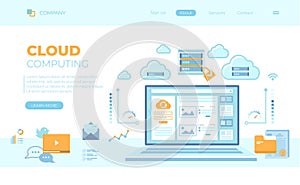 Cloud computing and web services, technology, data storage, hosting, connection. Login page and password on laptop screen, server.