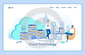 Cloud computing and web services, technology, data storage, hosting, connection. Users connect to the cloud servers from laptop,