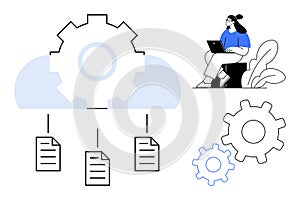 Cloud Computing Workflow with Gear Icon, Data Files, and Remote Work Concept