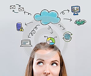 Cloud computing with young woman