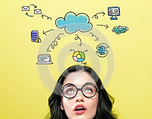 Cloud computing with young woman
