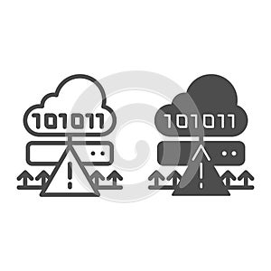 Cloud cyber attack line and glyph icon. Ddos server hack vector illustration isolated on white. Server attack outline