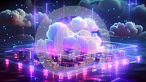 Cloud Data Base Technology concept with blue and pink glowing neon structures, loop background