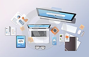 Cloud data center computer connection hosting server database synchronize concept top angle view desktop laptop