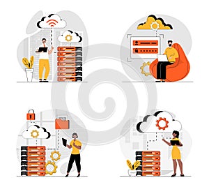 Cloud data center concept with character set. Collection of scenes people work in server room with computing process, technical
