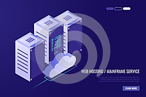 Cloud data center with hosting servers. Computer technology, network and database, internet center.Server racks with