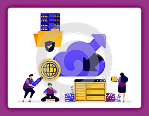 Cloud data center illustration. access folder for cloud users. up arrow down to upload download file internet access. Design can