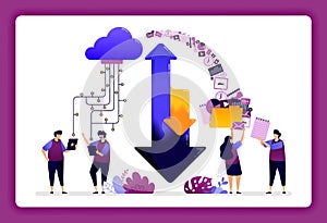Cloud data center illustration. download and upload access system in cloud database for users, hosts, servers. Design can use for