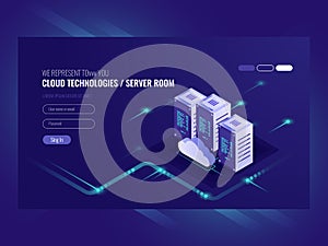Cloud data center, server room icon, information request processing, computer technologies, isometric vector