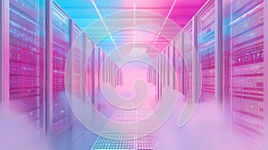 Cloud data center servers computing in vibrant pink blue
